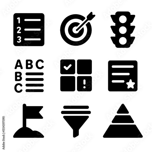 Prioritization Icons Set. Solid, filled icons set of prioritization strategies: numbered checklist, focus