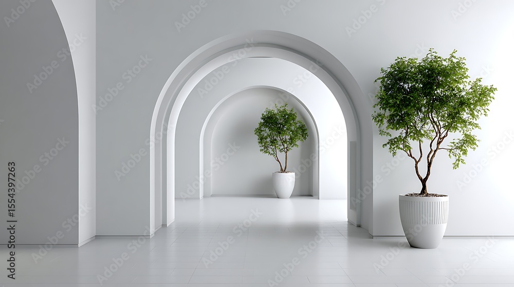 Fototapeta premium A minimalist interior with potted trees and an archway, creating a clean and serene modern design
