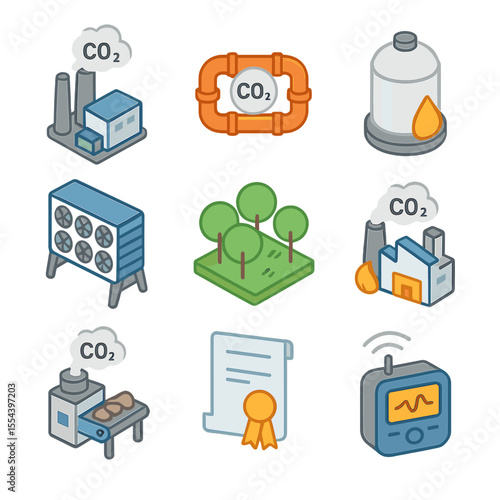 Carbon Capture Icon Set. Isometric Flat icon set of carbon capture and storage solutions: carbon capture plant, CO₂ pipeline,