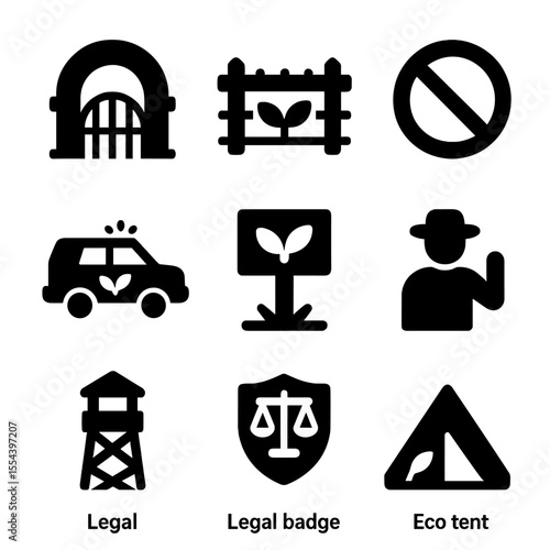 Protected Zones Icons. Solid, filled icons set of protected zones: sanctuary gate, fenced reserve, no-entry