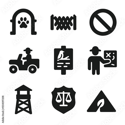 Protected Zones Icons. Solid, filled icons set of protected zones: sanctuary gate, fenced reserve, no-entry