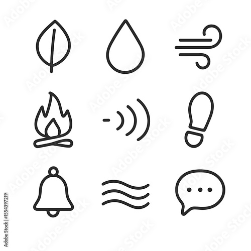 Ambient Sound Icons. Outline icon set of ambient game soundscapes: nature leaf, raindrop, wind swirl, crackling fire, echo wave,