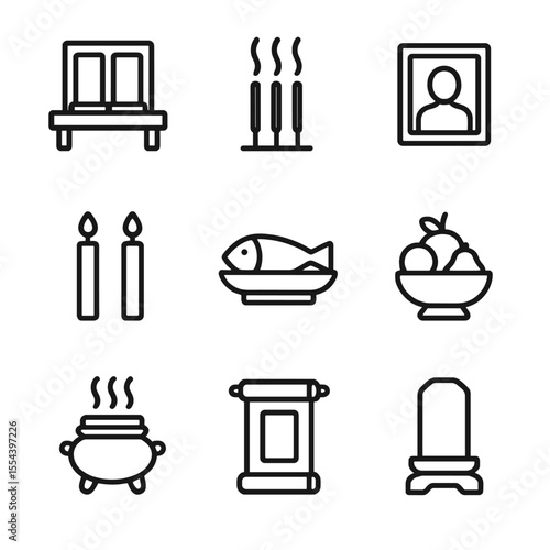 Ancestral Veneration Icons. Outline icon set of Ancestral Veneration Ceremonies: ancestral altar, incense, photo frame, candles,