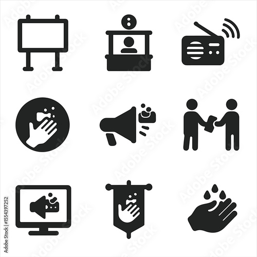 Public Hygiene Icons. Solid, filled icons set of public hygiene awareness: billboard icon, info booth, radio