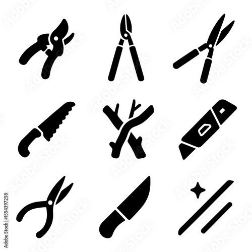 Pruning Tools Icons. Solid, filled icons set of pruning and trimming: hand pruner, lopper, hedge shear,