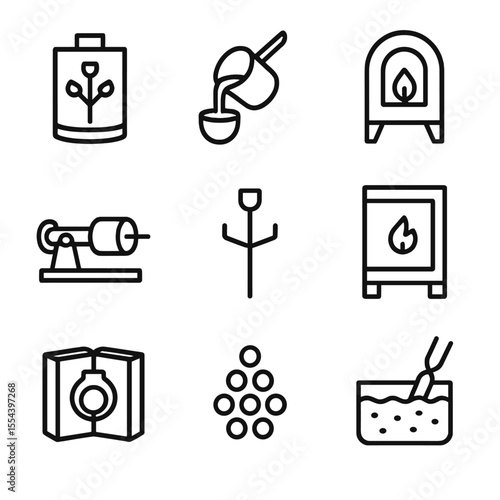 Casting Process Icons. Outline icon set of casting process: investment flask, crucible, furnace, centrifugal caster, sprue,