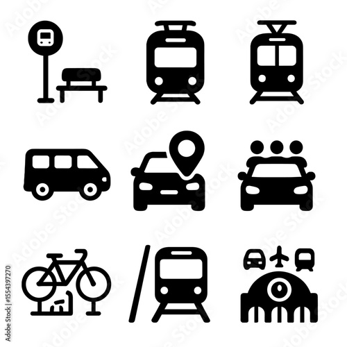 Public Transit Icons. Solid, filled icons set of public transit and shared mobility: bus stop, metro train,