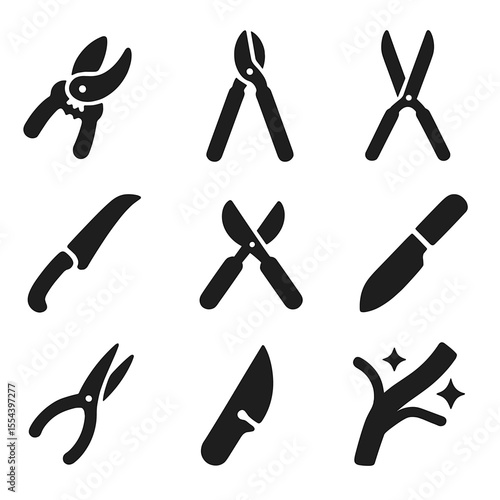 Pruning Tools Icons. Solid, filled icons set of pruning and trimming: hand pruner, lopper, hedge shear,