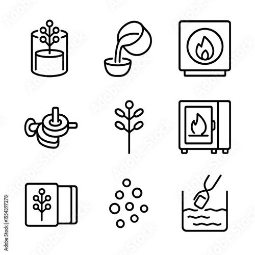 Casting Process Icons. Outline icon set of casting process: investment flask, crucible, furnace, centrifugal caster, sprue,