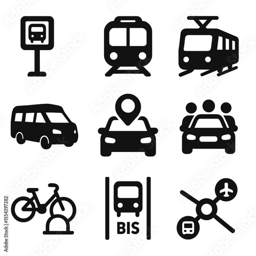 Public Transit Icons. Solid, filled icons set of public transit and shared mobility: bus stop, metro train,