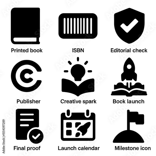 Publishing Milestone Icons. Solid, filled icons set of publishing milestones: printed book, ISBN icon,