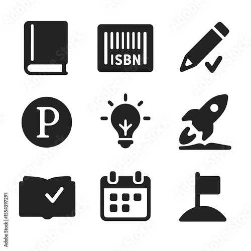 Publishing Milestone Icons. Solid, filled icons set of publishing milestones: printed book, ISBN icon,