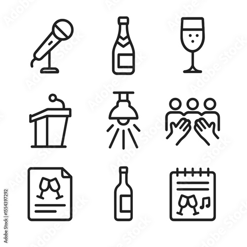 Anniversary Toast Icons. Outline icon set of anniversary toasts and speeches: speech microphone, champagne bottle, raised glass,