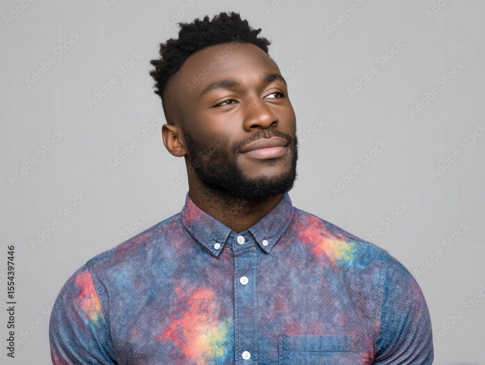 Obraz premium Confident man with stylish galaxy-patterned shirt showcasing unique fashion sense and strong personal style capturing modern elegance and individuality in a vibrant backdrop