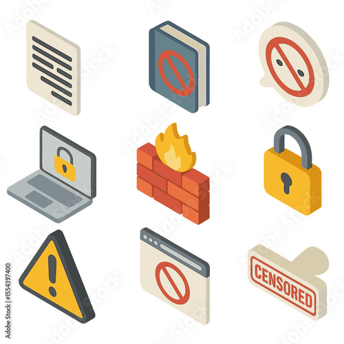 Censorship Icon Set. Isometric Flat icon set of censorship and information suppression: redacted document, banned book,