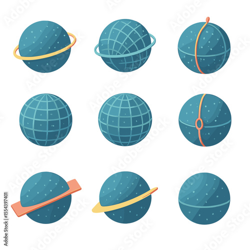 Celestial Coordinates Icon Set. Isometric Flat icon set of celestial coordinate systems: ecliptic plane line, celestial equator,