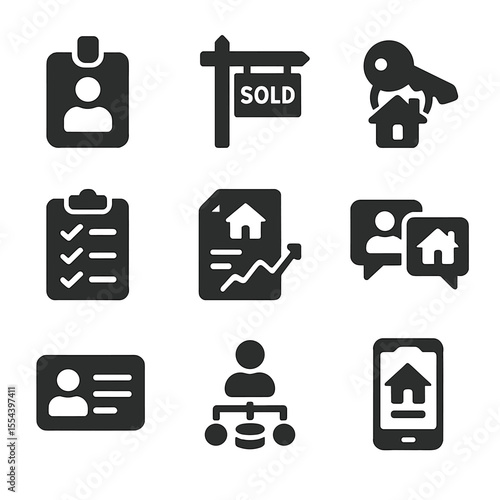 Real Estate Agent Tools. Solid, filled icons set of real estate agent tools: agent badge, sold sign, home tour