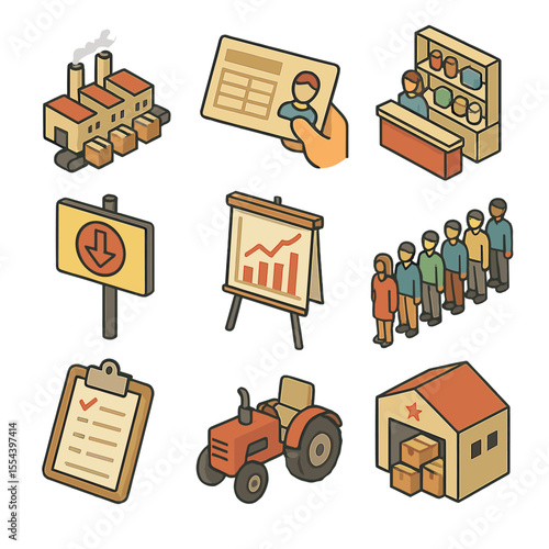 Central Planning Icons. Isometric Flat icon set of central planning and controlled economy: factory assembly line, ration card,