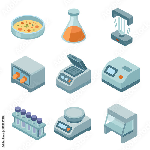Astrobiology Lab Icons. Isometric Flat icon set of astrobiology laboratory experiments: petri dish with microbial colony, growth