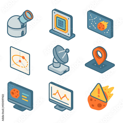 Asteroid Tracking Icons. Isometric Flat icon set of asteroid detection and tracking: telescope observatory, CCD sensor, sky map,