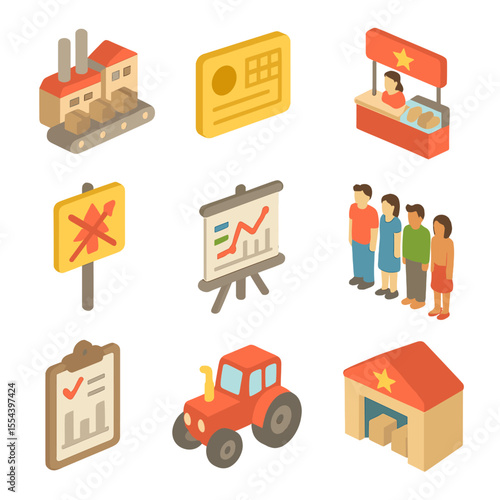 Central Planning Icons. Isometric Flat icon set of central planning and controlled economy: factory assembly line, ration card,