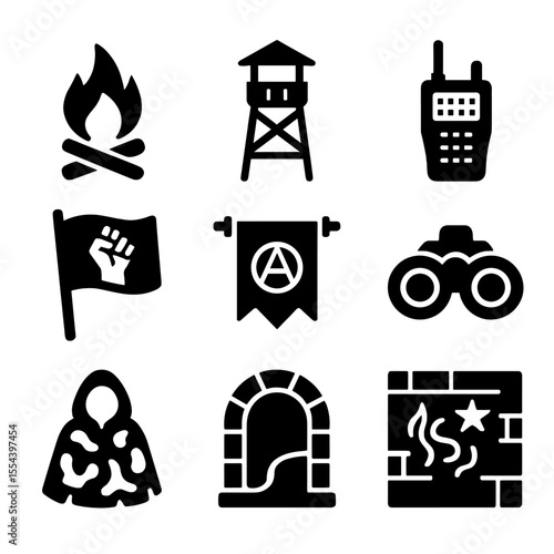 Rebel Outpost Icons. Solid, filled icons set of rebel outposts: campfire, lookout point, coded radio, rebel
