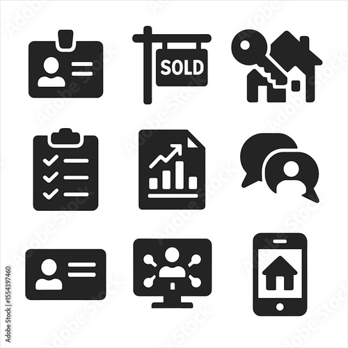 Real Estate Agent Tools. Solid, filled icons set of real estate agent tools: agent badge, sold sign, home tour