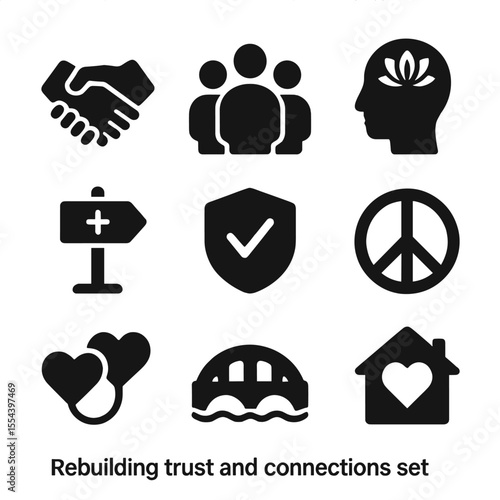 Rebuilding Trust Icons. Solid, filled icons set of rebuilding trust and connections: handshake icon, group