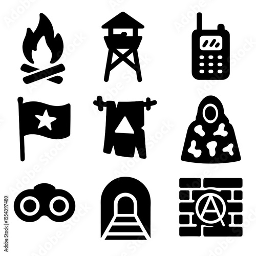 Rebel Outpost Icons. Solid, filled icons set of rebel outposts: campfire, lookout point, coded radio, rebel
