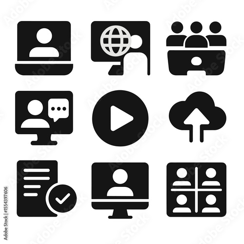 Remote Learning Icons. Solid, filled icons set of remote learning opportunities: video chat, global classroom,