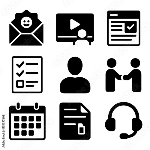 Remote Onboarding Icons. Solid, filled icons set of remote team onboarding: welcome email, intro video,
