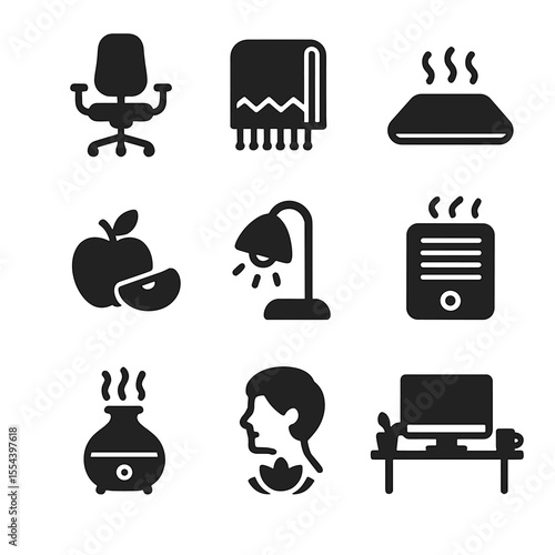 Remote Work Essentials. Solid, filled icons set of comfort and wellness in remote work: ergonomic seat, cozy