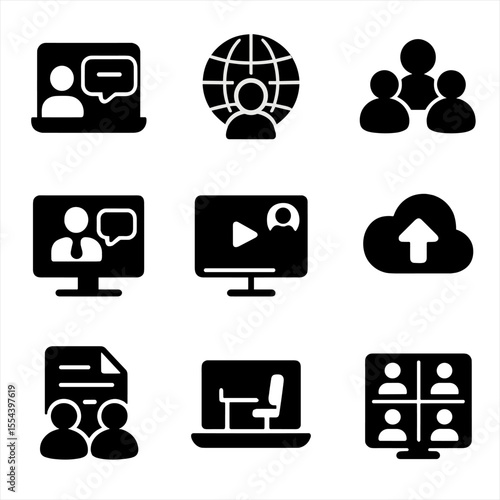 Remote Learning Icons. Solid, filled icons set of remote learning opportunities: video chat, global classroom,