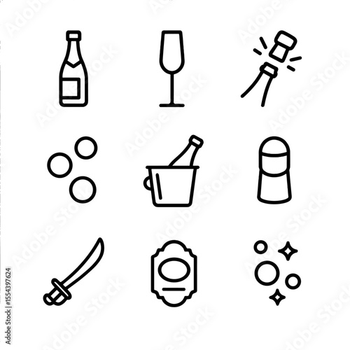 Champagne Icon Set. Outline icon set of champagne and sparkling wines: champagne bottle, flute glass, cork pop, bubbles effervesce