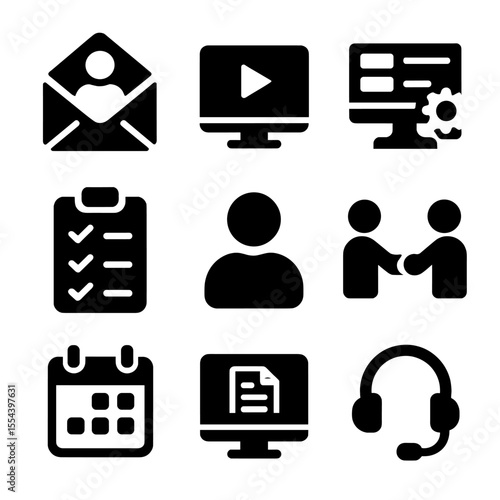 Remote Onboarding Icons. Solid, filled icons set of remote team onboarding: welcome email, intro video,