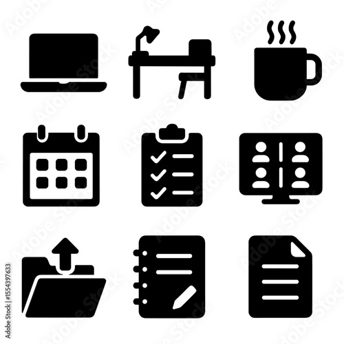 Remote Work Icons. Solid, filled icons set of remote work and study: laptop, desk, coffee mug, calendar,