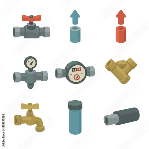 Basement Water Icons. Isometric Flat icon set of basement water supply system: main shutoff valve, cold water supply line, hot