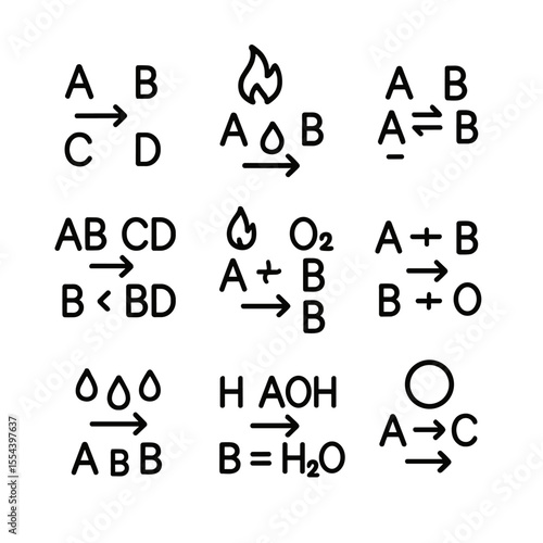 Chemical Reaction Icons. Outline icon set of Chemical Reaction Types: synthesis reaction, decomposition reaction, single