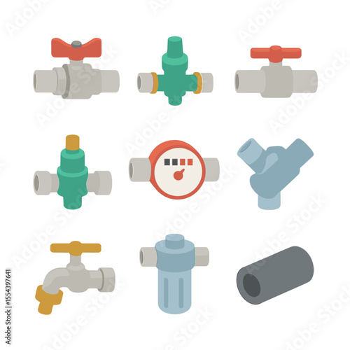 Basement Water Icons. Isometric Flat icon set of basement water supply system: main shutoff valve, cold water supply line, hot