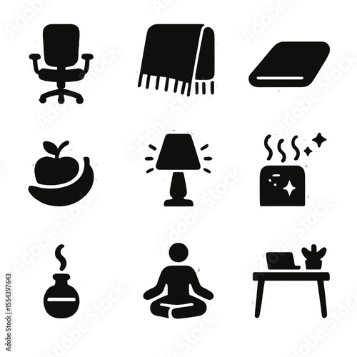 Remote Work Essentials. Solid, filled icons set of comfort and wellness in remote work: ergonomic seat, cozy