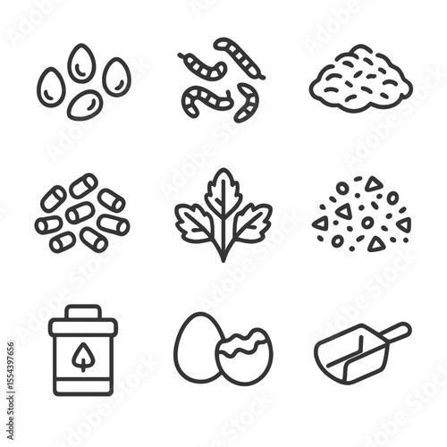 Chicken Feeding Icons. Outline icon set of chicken feeding supplies: corn kernels, mealworms, grains, pellets, leafy greens,