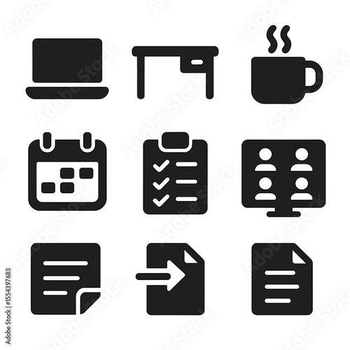 Remote Work Icons. Solid, filled icons set of remote work and study: laptop, desk, coffee mug, calendar,