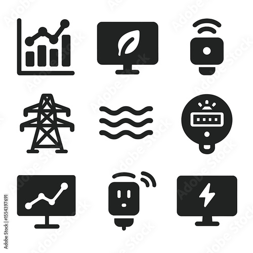 Renewable Energy Icons Grid. Solid, filled icons set of renewable energy monitoring: data chart, green monitor