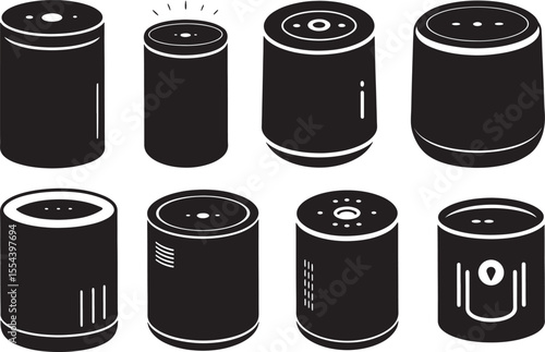 set of smart speaker with voice silhouette, black and white silhouette, vector and illustration