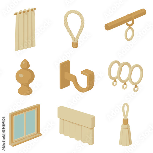Bedroom Curtains Icons Set. Isometric Flat icon set of bedroom linen curtains: linen curtain panel, tieback rope, curtain rod,