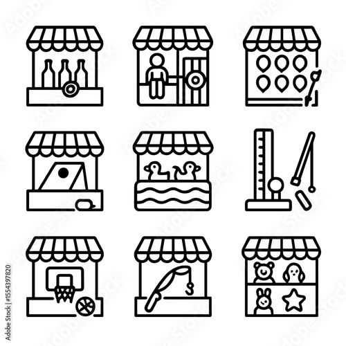 Circus Game Icons. Outline icon set of circus game stalls: ring toss bottles, dunk tank, balloon dart board, bean bag toss, duck