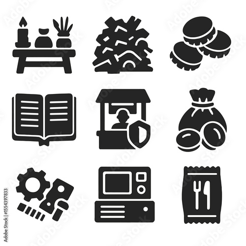 Resource Trading Icons. Solid, filled icons set of resource trading hubs: barter table, scrap pile, bottle