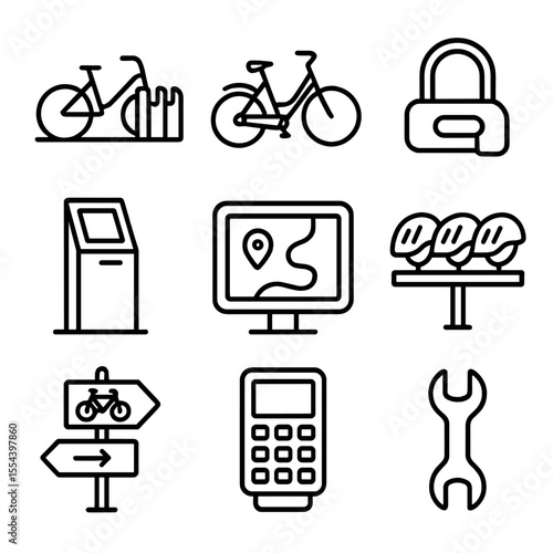 Bike-Sharing Icons Set. Outline icon set of bike-sharing hubs: bicycle dock, rental bike, lock mechanism, station kiosk, map