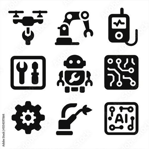 Robotic Maintenance Icons. Solid, filled icons set of robotic maintenance crews: repair drone, robotic arm,