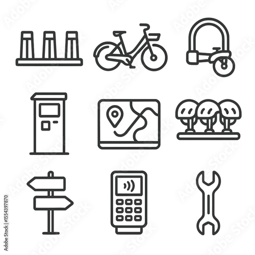 Bike-Sharing Icons Set. Outline icon set of bike-sharing hubs: bicycle dock, rental bike, lock mechanism, station kiosk, map
